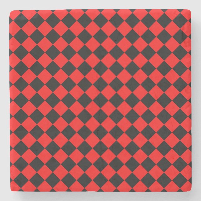 Red Black Checker Diamond Pattern Stone Coaster (Front)