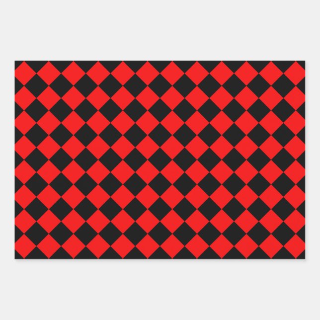 Red Black Checker Diamond Pattern Wrapping Paper Sheets (Front)