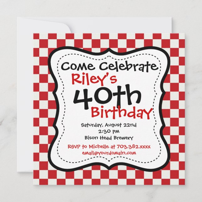 Red Black Checkered 40th Birthday Party Invitation (Front)