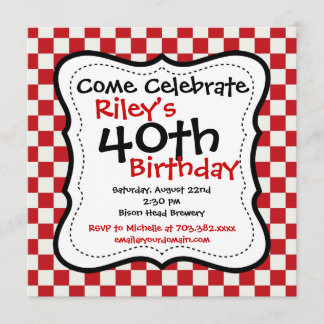 Red Black Checkered 40th Birthday Party Invitation