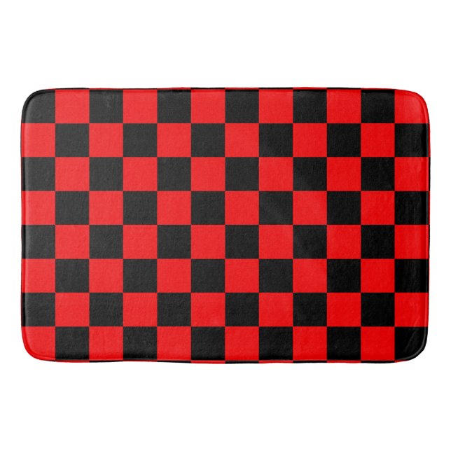Red Black Checkered Check Pattern Bath Mat (Front)