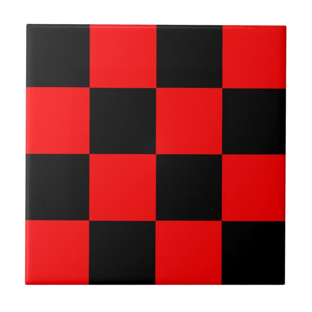 Red Black Checkered Check Pattern Ceramic Tile (Front)
