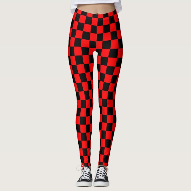 Red Black Checkered Check Pattern Leggings (Front)