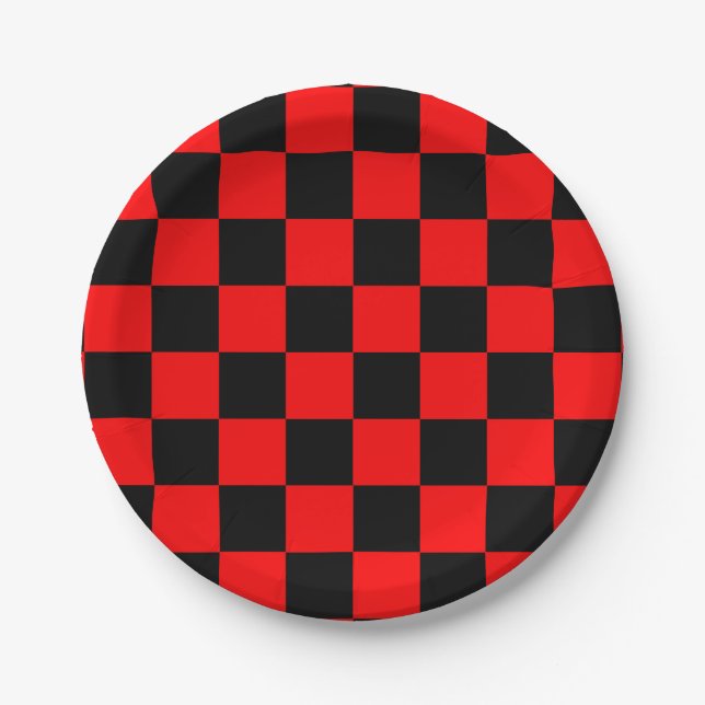 Red Black Checkered Check Pattern Paper Plates (Front)