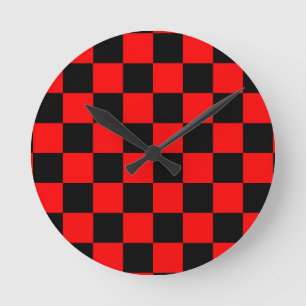 Red Black Checkered Check Pattern Round Clock
