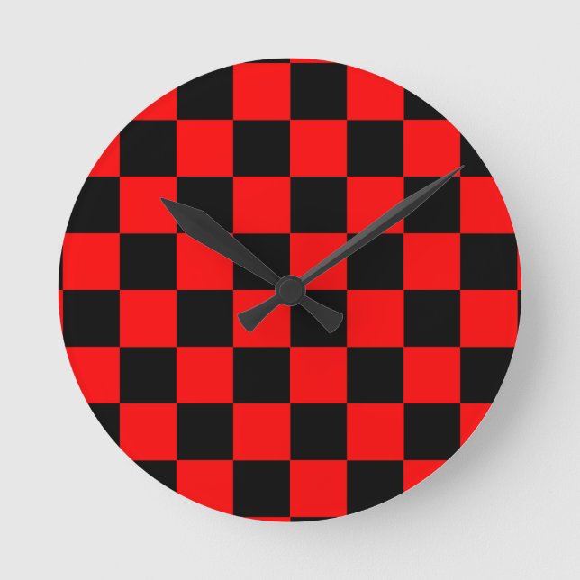 Red Black Checkered Check Pattern Round Clock (Front)