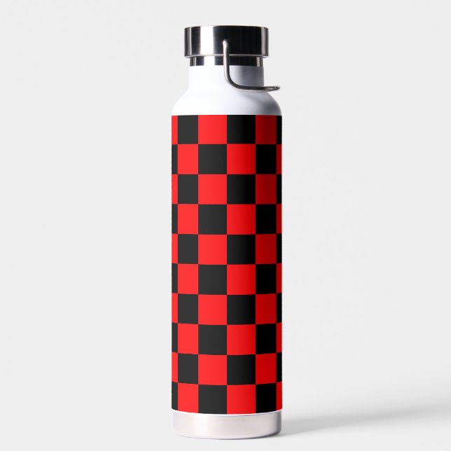 Red Black Checkered Check Pattern Water Bottle (Left)