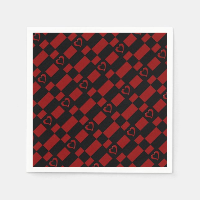 Red & Black Checkered Heart Pattern Napkins (Front)