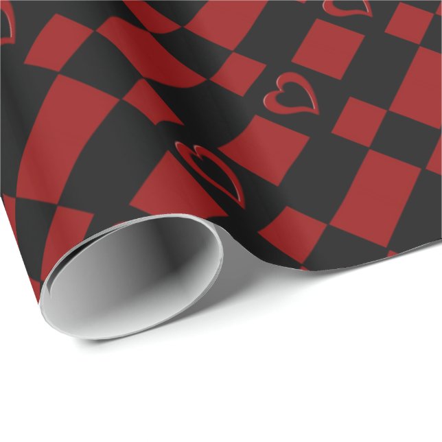 Red & Black Checkered Heart Pattern Wrapping Paper (Roll Corner)