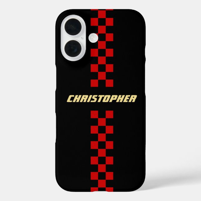 Red Black Checkered Racing Flag Gold Monogrammed Case-Mate iPhone Case (Back)