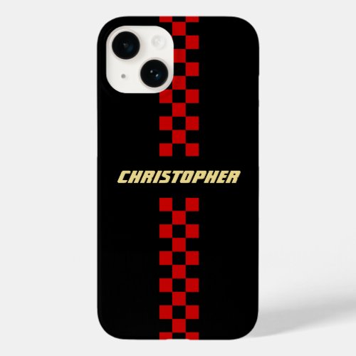 Red Black Checkered Racing Flag Gold Monogrammed Case_Mate iPhone 14 Case