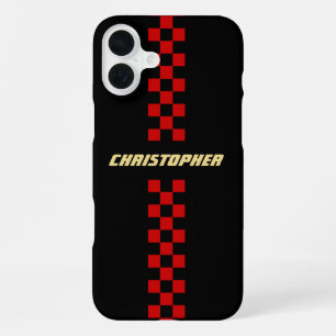 Red Black Checkered Racing Flag Gold Monogrammed iPhone 16 Plus Case
