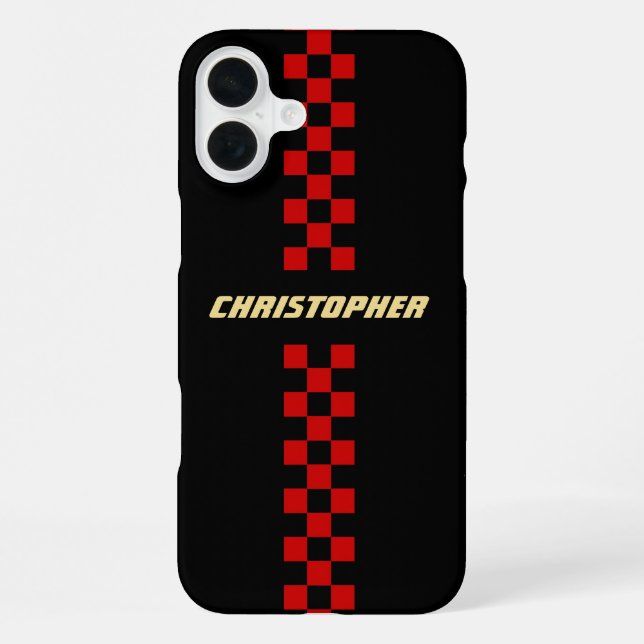 Red Black Checkered Racing Flag Gold Monogrammed iPhone Case (Back)
