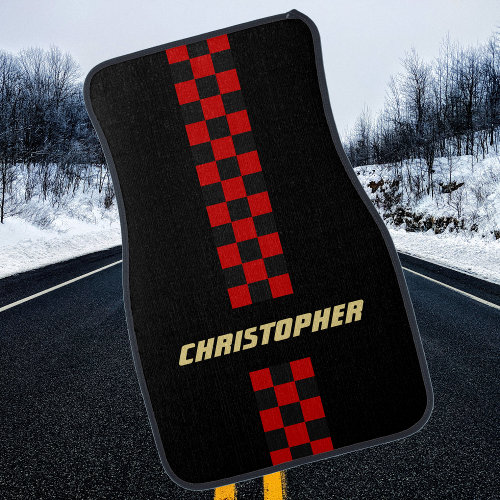 Red Black Checkered Racing Stripe Gold Monogrammed Car Floor Mat