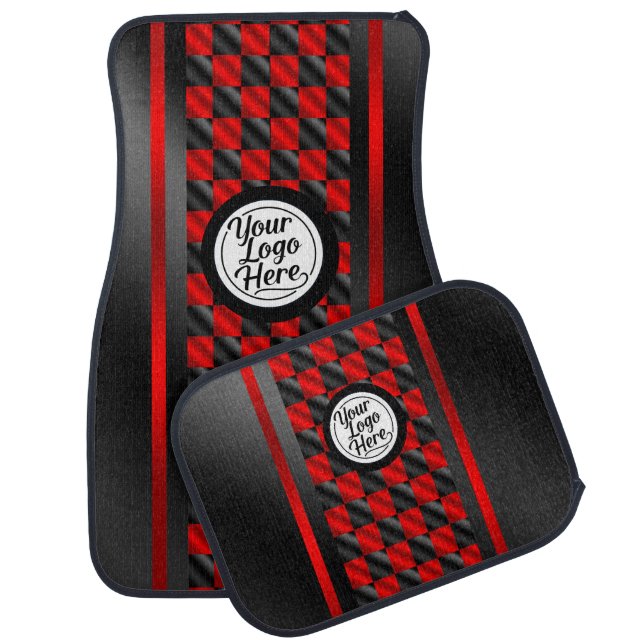 Red Black Checkered Racing Stripe Logo Car Floor Mat (Set)