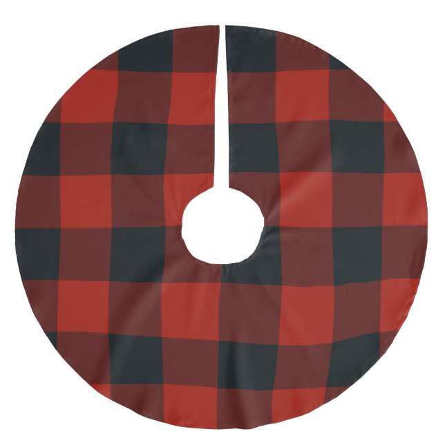 Red & Black Checkered Squares Buffalo Plaid Brushed Polyester Tree Skirt (Front)
