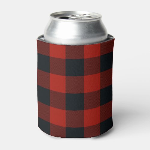 Red  Black Checkered Squares Buffalo Plaid Can Cooler