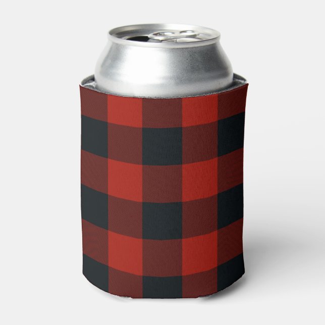 Red & Black Checkered Squares Buffalo Plaid Can Cooler (Can Front)