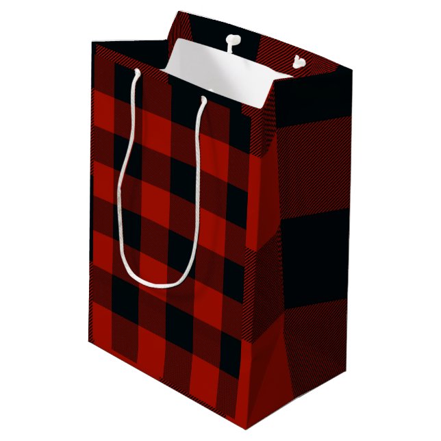 Red & Black Checkered Squares Buffalo Plaid Medium Gift Bag (Back Angled)