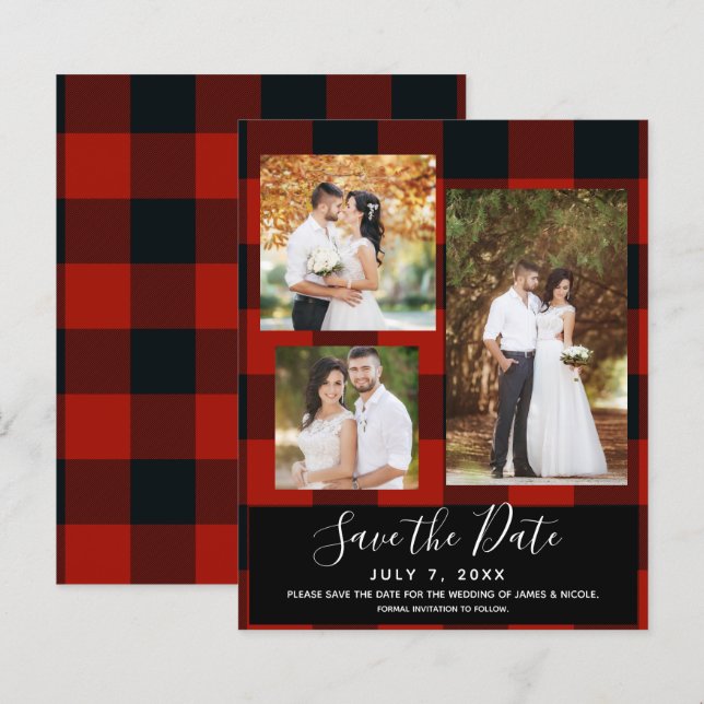 Red Black Checks Plaid Wedding Photo Save the Date (Front/Back)