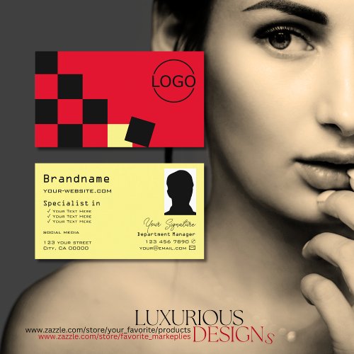 Red Black Chessboard Yellow with Logo and Photo Business Card