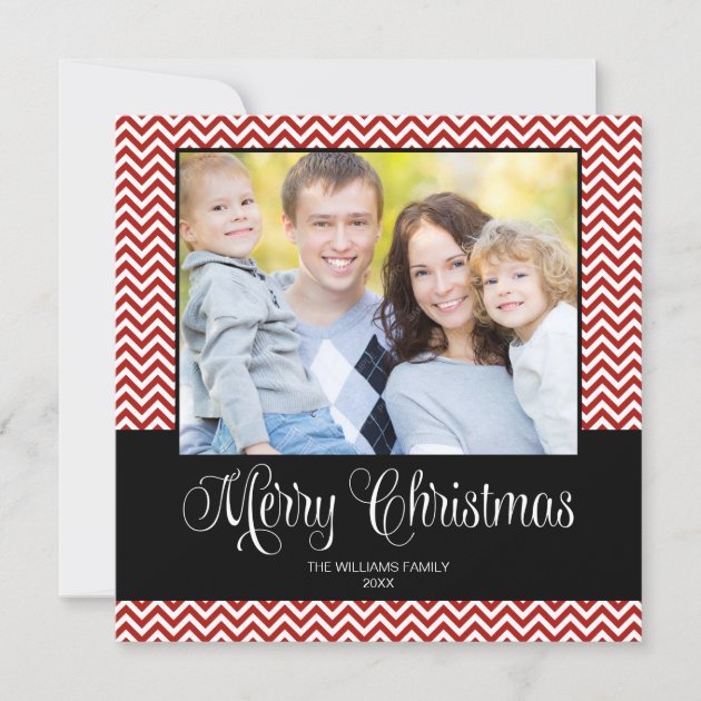 Red Black Chevron Christmas Square Photo Card