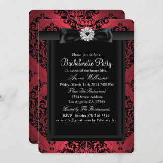 Red & Black Chic Damask Bachelorette Party Invitation
