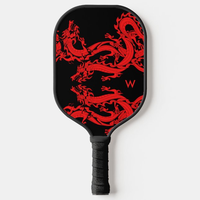 Red & Black Chinese Dragons Add Monogram Initial Pickleball Paddle (Front)