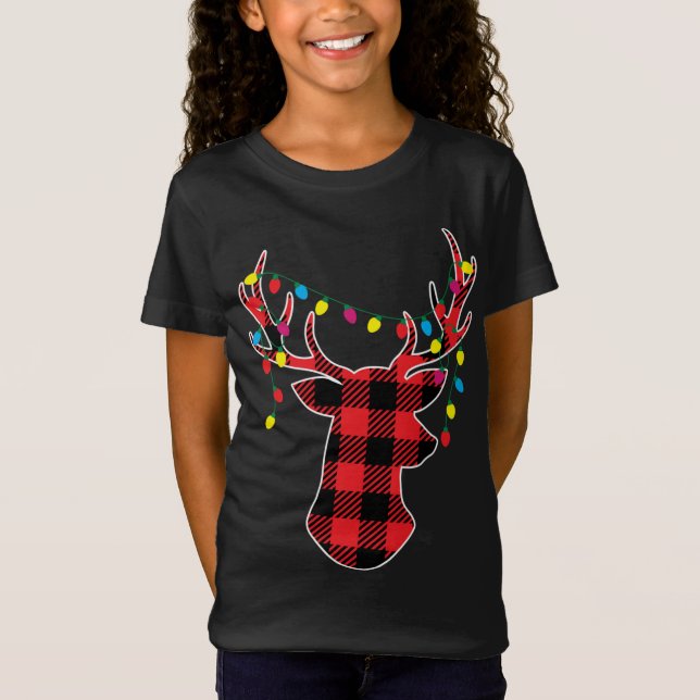 Red Black Christmas Gifts Buffalo Plaid Deer T-Shirt (Front)
