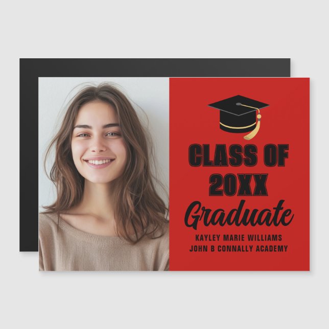 Red Black Class of 2026 Graduation Photo Magnet (Front/Back)