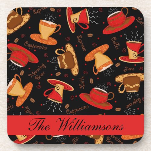 Red  Black Coffee Cup Pattern Personalized Name Beverage Coaster