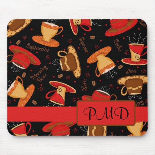 Red  Black Coffee Cups Monogram Personalized Mouse Pad