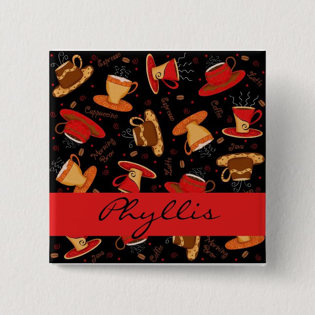 Red & Black Coffee Cups Name Personalized Pin (Front)