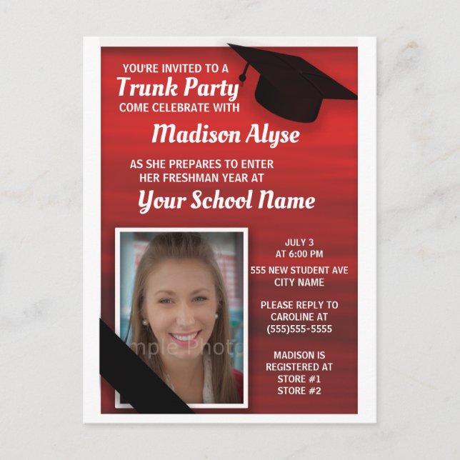 Red Black College Trunk Party Photo Invitation Postcard (Front)