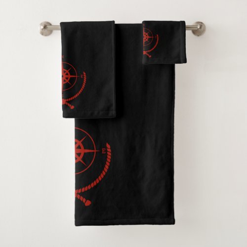 Red  Black Compus Rose Bath Towel Set