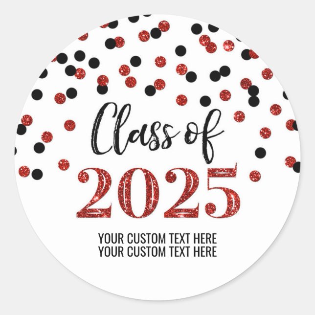 Red Black Confetti Graduation 2025 Classic Round Sticker (Front)