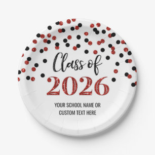 Red Black Confetti Graduation 2026 Paper Plates