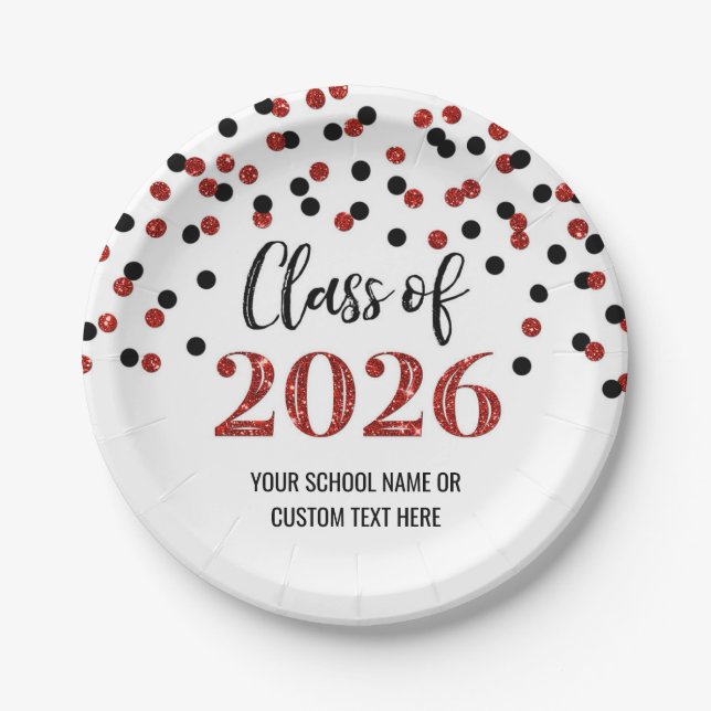 Red Black Confetti Graduation 2026 Paper Plates (Front)