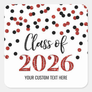 Red Black Confetti Graduation 2026 Square Sticker