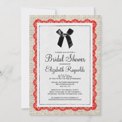 Red Black Country Burlap Bridal Shower Invitations