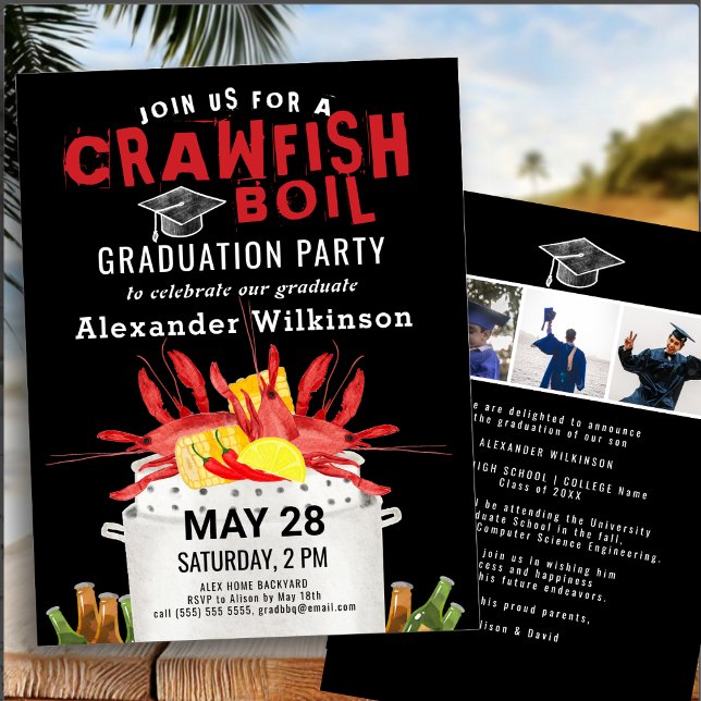 Red Black Crawfish Boil 3 Photo Graduation Party Invitation (Creator Uploaded)