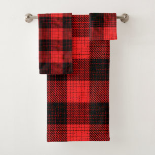  Red Black Crosshatch Buffalo Check Bath Towel Set