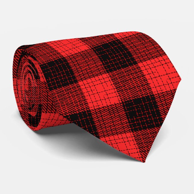  Red Black Crosshatch Buffalo Check Neck Tie (Rolled)