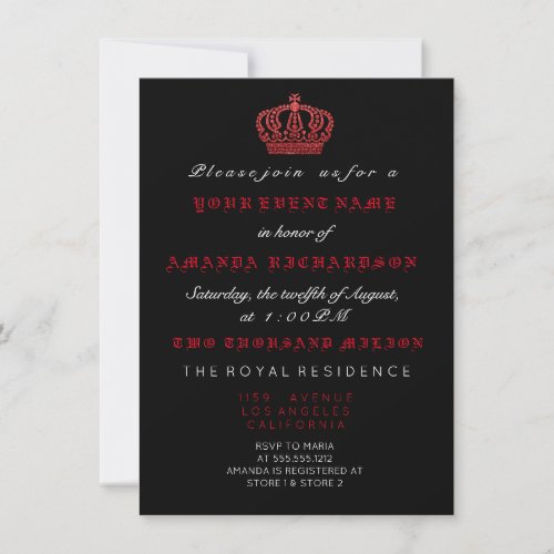Red Black Crown Royal Glitter Gothic White Invitation