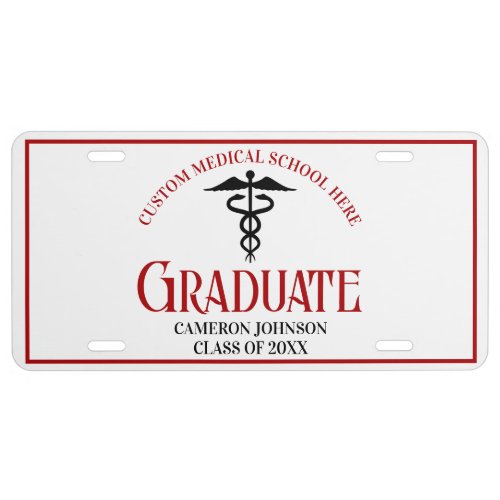 Red Black Custom Medical School Graduate License Plate