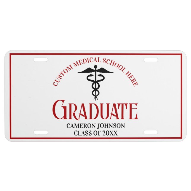 Red Black Custom Medical School Graduate License Plate (Front)