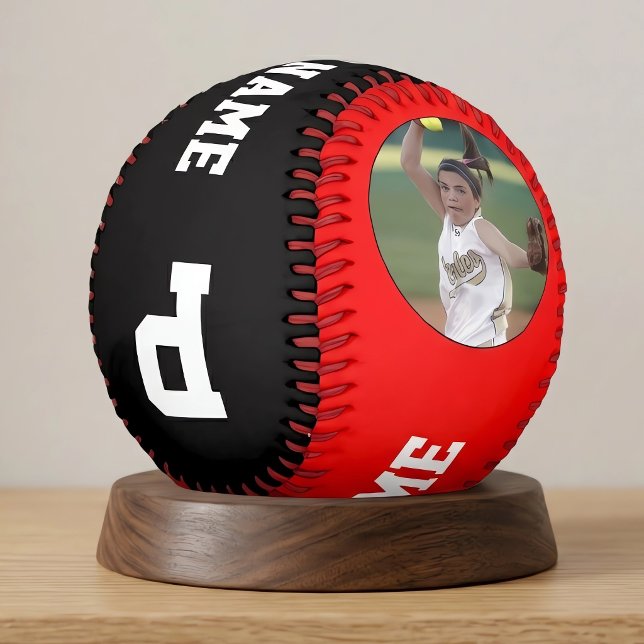 Red Black Custom Softball Player Photo Name Number (Personalized text and photo softballs for fastpitch softball players and teams with red colors.)
