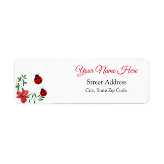 Red & black cute Ladybugs | watercolor flowers  Label