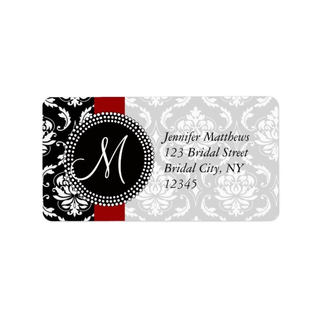 Red Black Damask Address Labels for Wedding (Front)