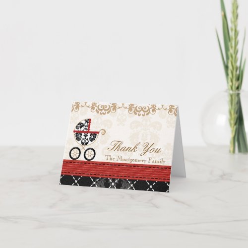 RED Black Damask Baby Carriage Shower Thank You